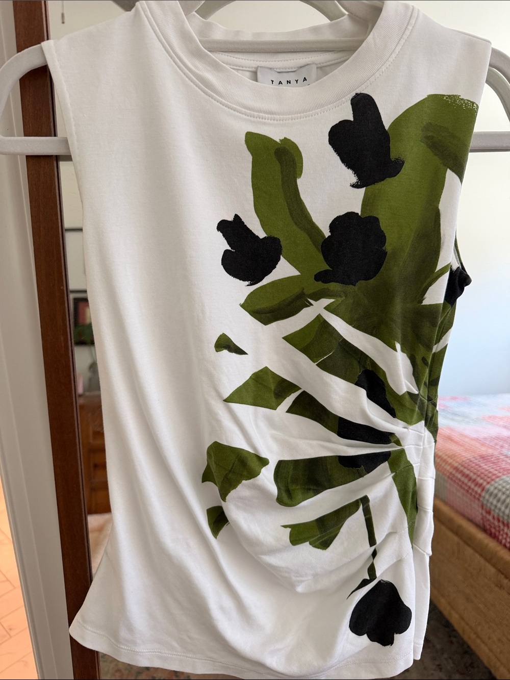 Tanya Taylor White Tank with Olive Green and Black Floral Print